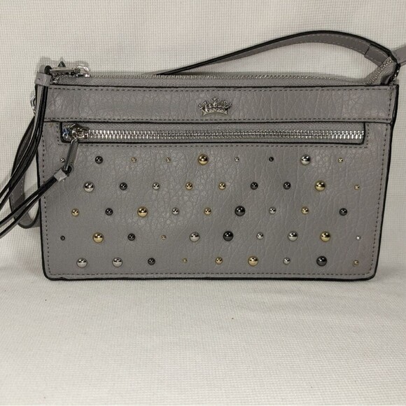 JUICY COUTURE GRAY AUDRINA SHOULDER BAG WRISTLET WITH TRI-COLOR STUDS. - Picture 2 of 8